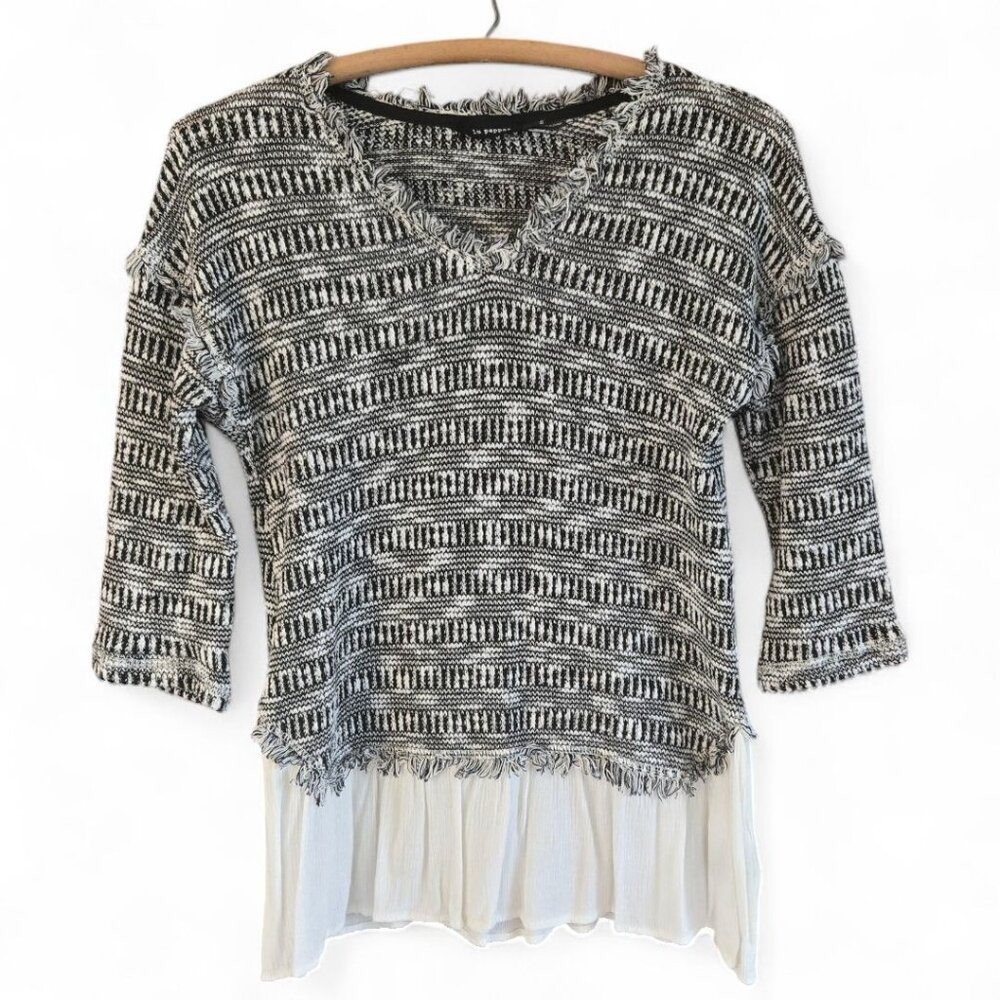 Blu Pepper Fringed Knit Sweater With Sheer Hem Black & White Size M